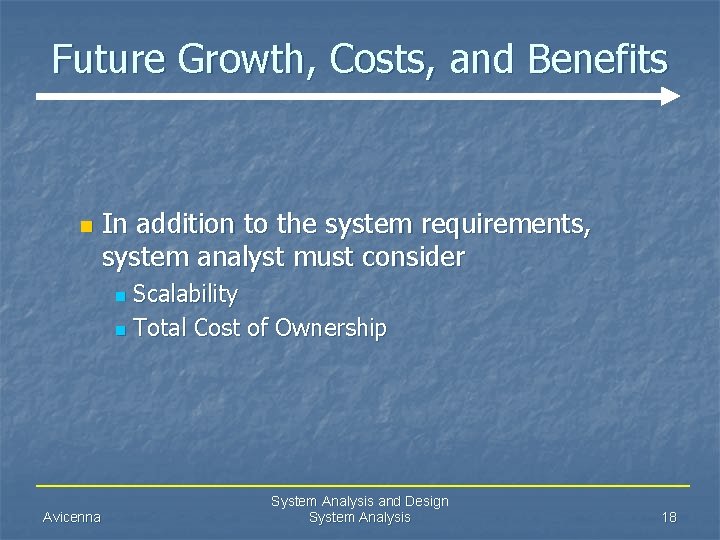 Future Growth, Costs, and Benefits n In addition to the system requirements, system analyst