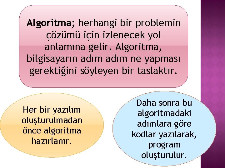 Algoritma; herhangi bir problemin çözümü için izlenecek yol anlamına gelir. Algoritma, bilgisayarın adım ne