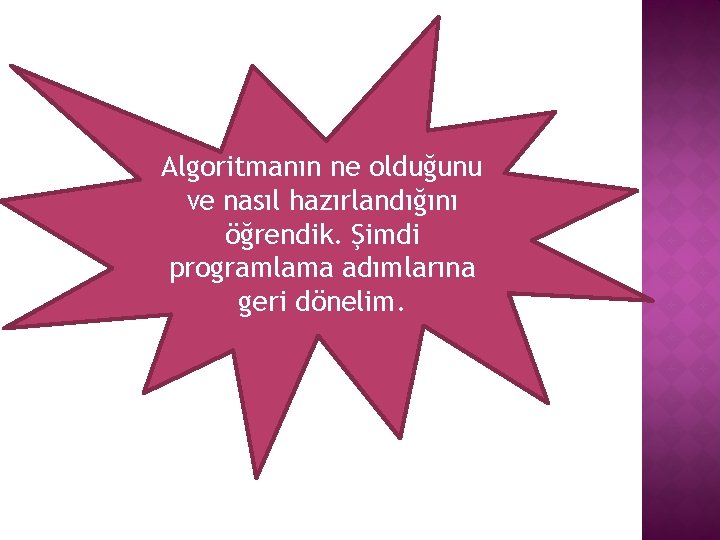 Algoritmanın ne olduğunu ve nasıl hazırlandığını öğrendik. Şimdi programlama adımlarına geri dönelim. 