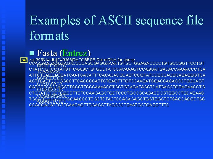 Examples of ASCII sequence file formats Fasta (Entrez) gi|995614|dbj|D 49653|RATOBESE Rat m. RNA for