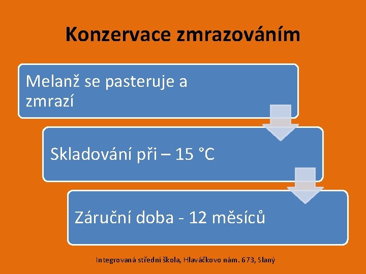 Konzervace zmrazováním Melanž se pasteruje a zmrazí Skladování při – 15 °C Záruční doba