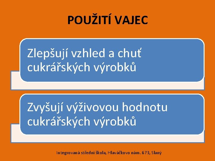 POUŽITÍ VAJEC Zlepšují vzhled a chuť cukrářských výrobků Zvyšují výživovou hodnotu cukrářských výrobků Integrovaná