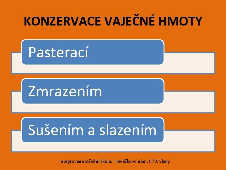 KONZERVACE VAJEČNÉ HMOTY Pasterací Zmrazením Sušením a slazením Integrovaná střední škola, Hlaváčkovo nám. 673,