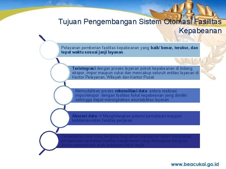 Tujuan Pengembangan Sistem Otomasi Fasilitas Kepabeanan Pelayanan pemberian fasilitas kepabeanan yang baik/ benar, terukur,