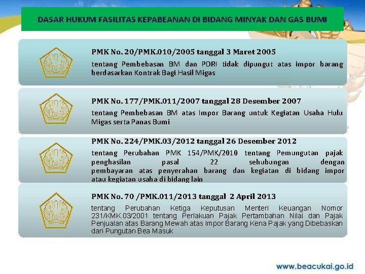 DASAR HUKUM FASILITAS KEPABEANAN DI BIDANG MINYAK DAN GAS BUMI PMK No. 20/PMK. 010/2005