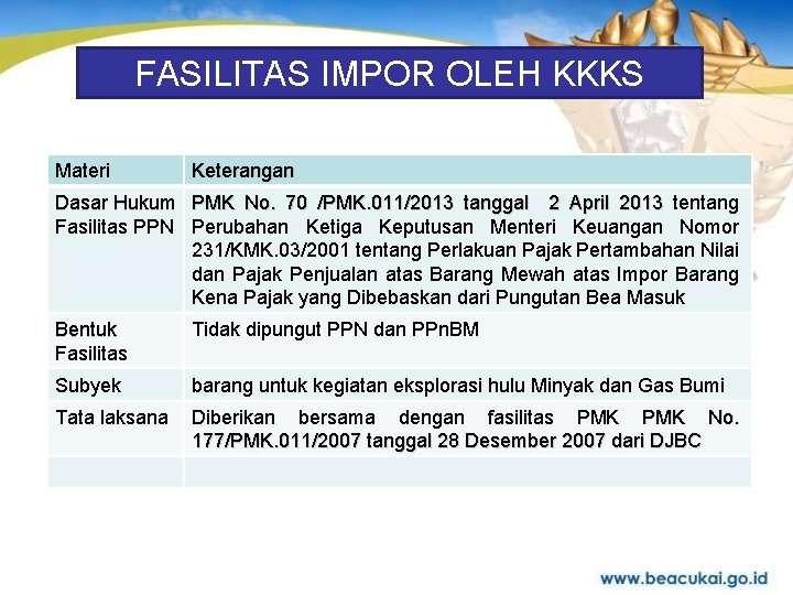 FASILITAS IMPOR OLEH KKKS Materi Keterangan Dasar Hukum PMK No. 70 /PMK. 011/2013 tanggal