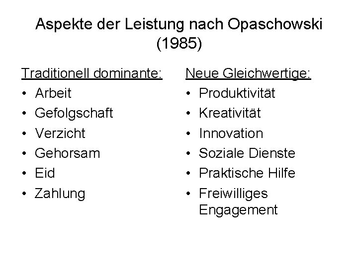 Aspekte der Leistung nach Opaschowski (1985) Traditionell dominante: • Arbeit • Gefolgschaft • Verzicht