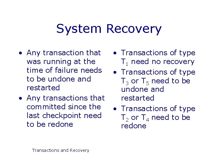 System Recovery • Any transaction that was running at the time of failure needs