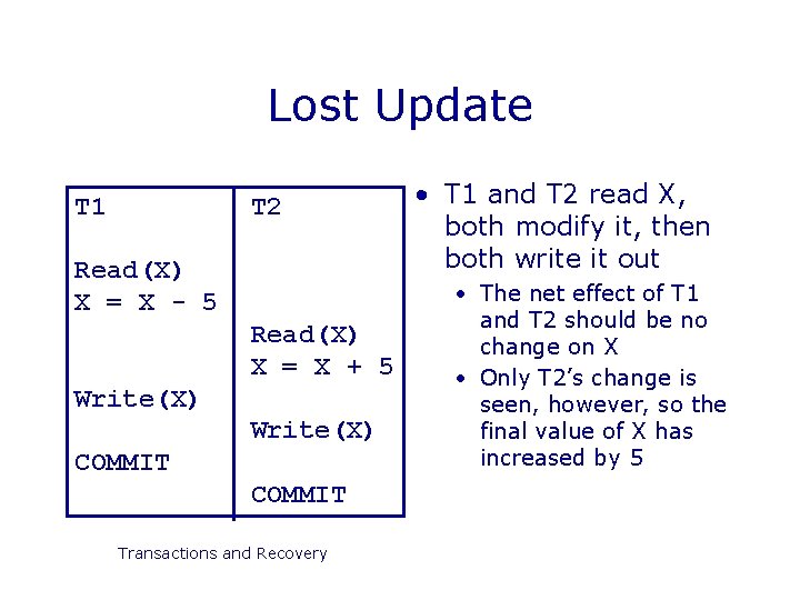 Lost Update T 1 T 2 Read(X) X = X - 5 Read(X) X