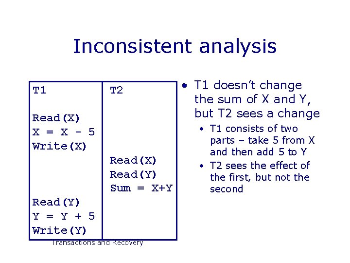 Inconsistent analysis T 1 T 2 Read(X) X = X - 5 Write(X) Read(Y)