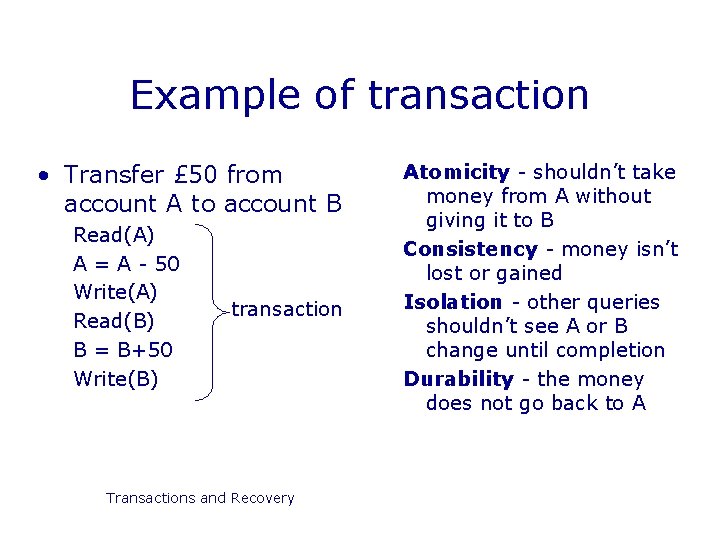 Example of transaction • Transfer £ 50 from account A to account B Read(A)