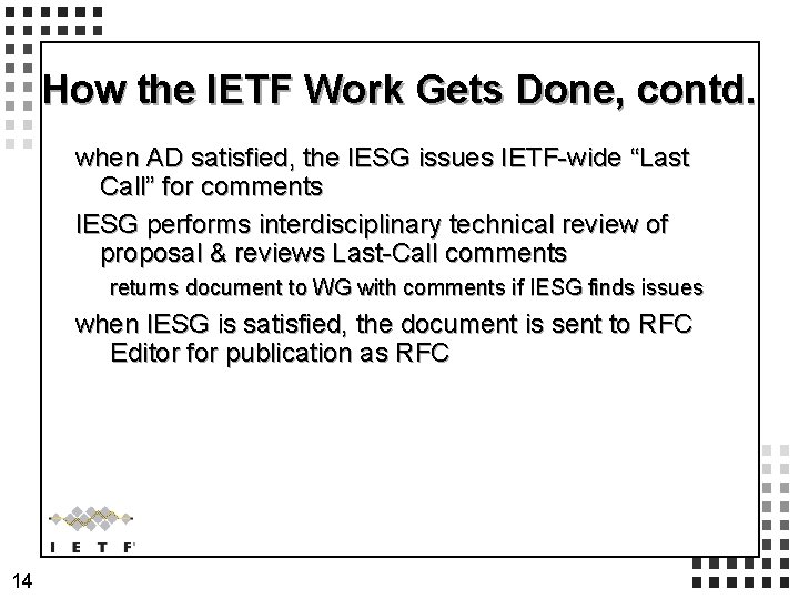 How the IETF Work Gets Done, contd. when AD satisfied, the IESG issues IETF-wide