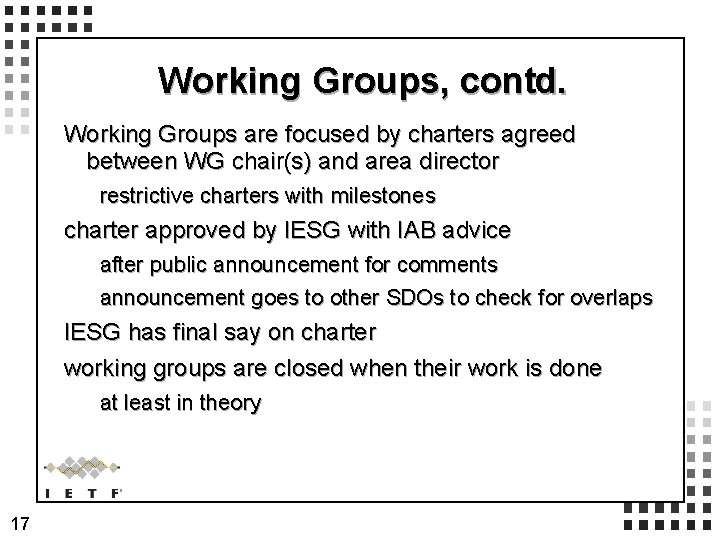Working Groups, contd. Working Groups are focused by charters agreed between WG chair(s) and