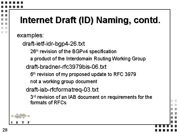 Internet Draft (ID) Naming, contd. examples: draft-ietf-idr-bgp 4 -26. txt 26 th revision of
