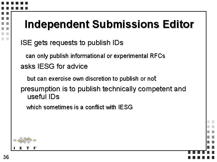 Independent Submissions Editor ISE gets requests to publish IDs can only publish informational or