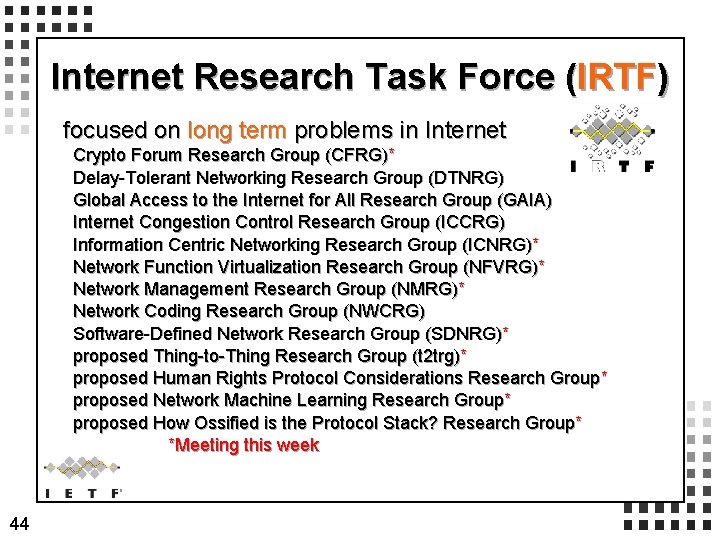 Internet Research Task Force (IRTF) focused on long term problems in Internet Crypto Forum