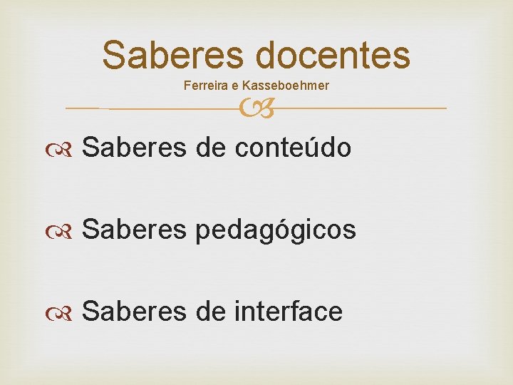 Saberes docentes Ferreira e Kasseboehmer Saberes de conteúdo Saberes pedagógicos Saberes de interface 