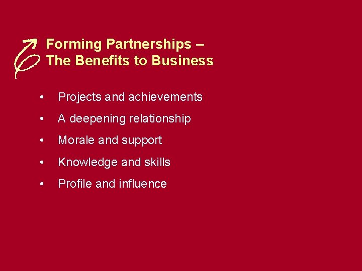 Forming Partnerships – The Benefits to Business • Projects and achievements • A deepening