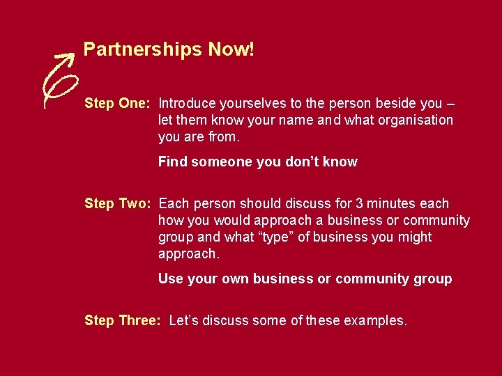 Partnerships Now! Step One: Introduce yourselves to the person beside you – let them