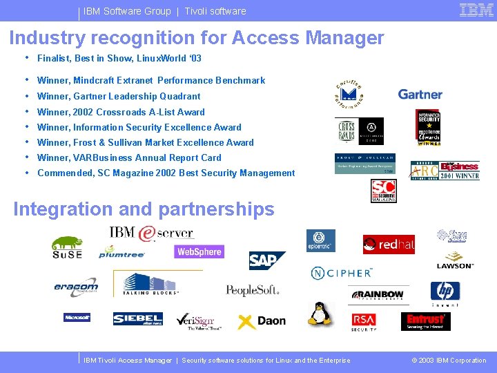 IBM Software Group | Tivoli software Industry recognition for Access Manager • Finalist, Best