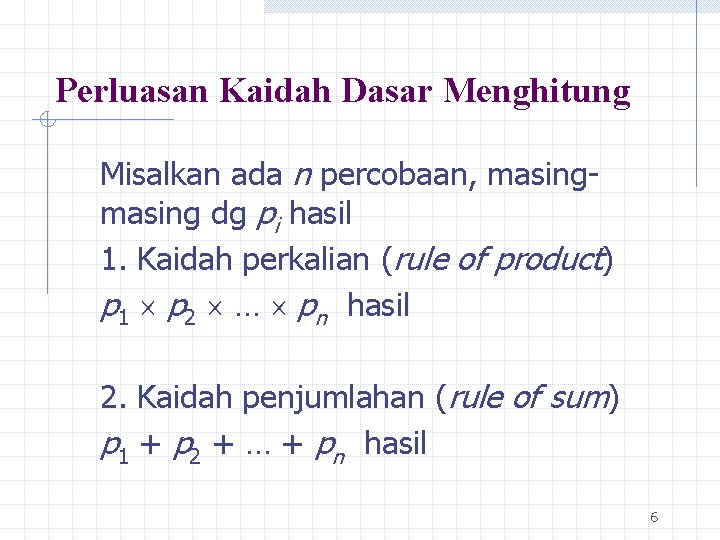 Perluasan Kaidah Dasar Menghitung Misalkan ada n percobaan, masing dg pi hasil 1. Kaidah
