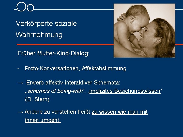 Verkörperte soziale Wahrnehmung Früher Mutter Kind Dialog: Proto Konversationen, Affektabstimmung → Erwerb affektiv interaktiver