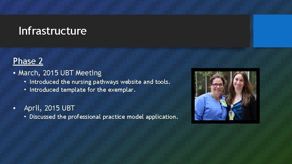 Infrastructure Phase 2 • March, 2015 UBT Meeting • Introduced the nursing pathways website