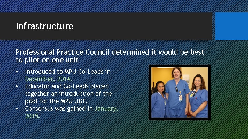 Infrastructure Professional Practice Council determined it would be best to pilot on one unit