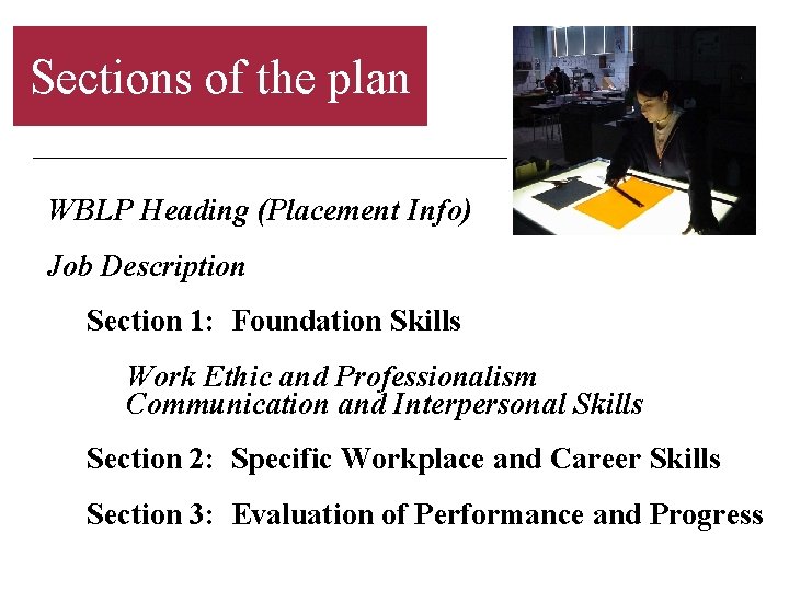 Sections of the plan WBLP Heading (Placement Info) Job Description Section 1: Foundation Skills