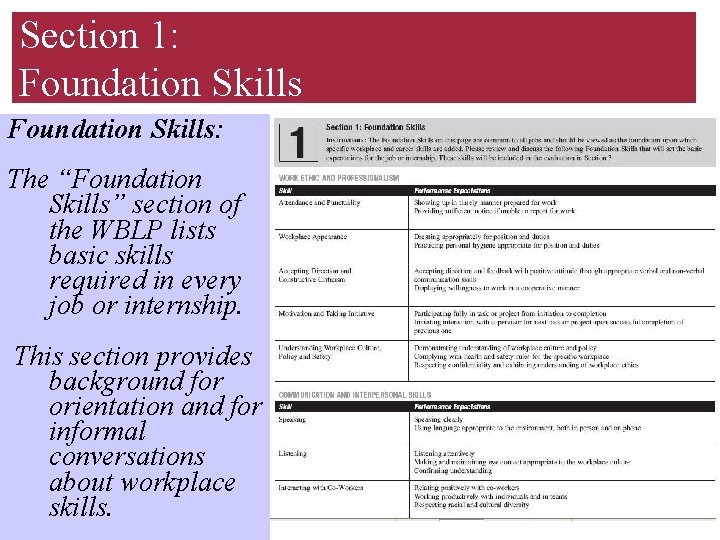 Section 1: Foundation Skills: The “Foundation Skills” section of the WBLP lists basic skills