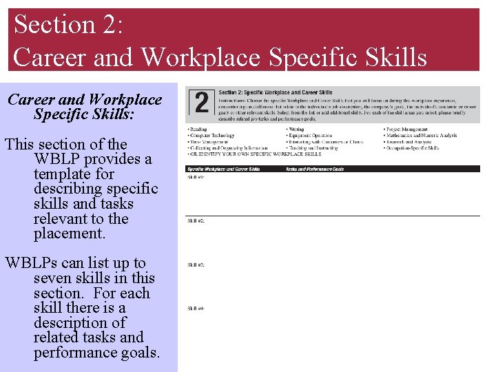 Section 2: Career and Workplace Specific Skills: This section of the WBLP provides a