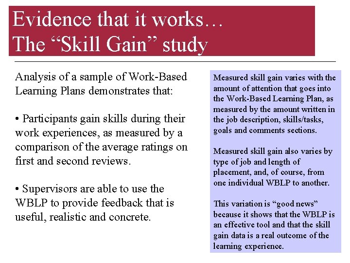 Evidence that it works… The “Skill Gain” study Analysis of a sample of Work-Based