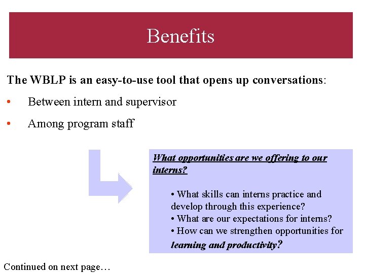 Benefits The WBLP is an easy-to-use tool that opens up conversations: • Between intern