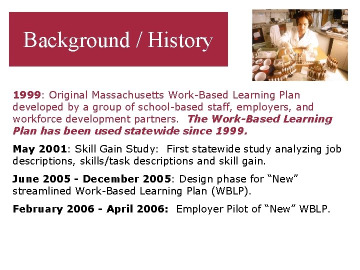Background / History 1999: Original Massachusetts Work-Based Learning Plan developed by a group of