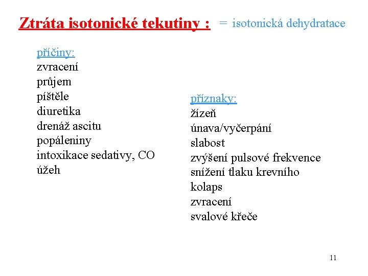 Ztráta isotonické tekutiny : příčiny: zvracení průjem píštěle diuretika drenáž ascitu popáleniny intoxikace sedativy,