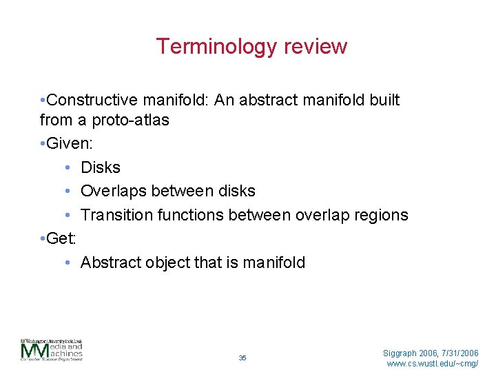 Terminology review • Constructive manifold: An abstract manifold built from a proto-atlas • Given: