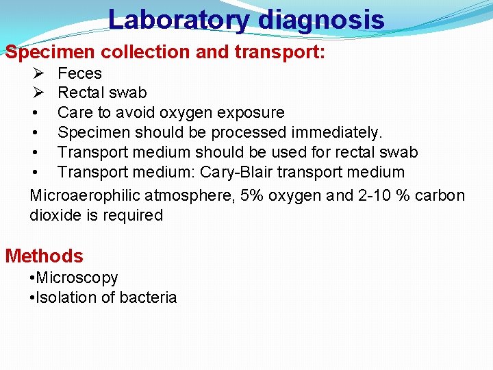 Laboratory diagnosis Specimen collection and transport: Ø Feces Ø Rectal swab • Care to
