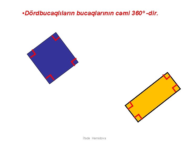  • Dördbucaqlıların bucaqlarının cəmi 360º -dir. İfadə Həmidova 