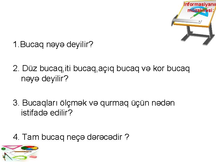 İnformasiyanın müzakirəsi: 1. Bucaq nəyə deyilir? 2. Düz bucaq, iti bucaq, açıq bucaq və