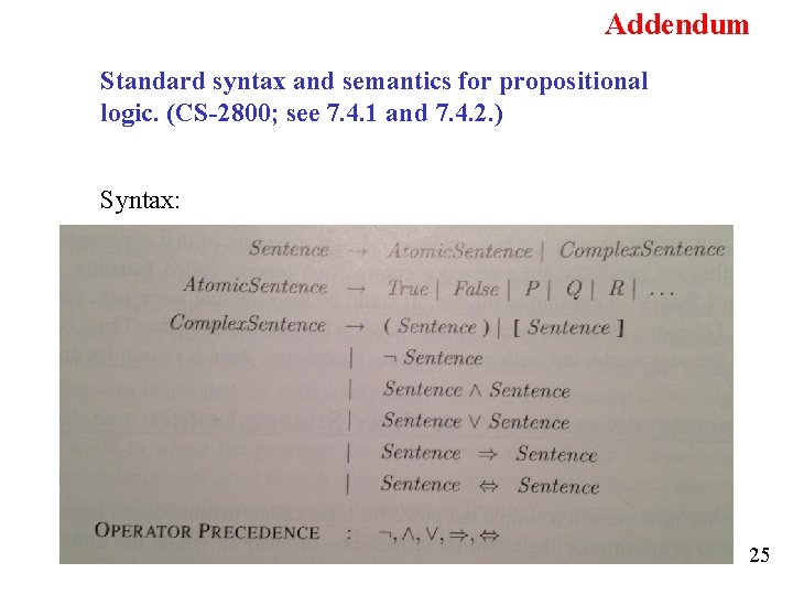 Addendum Standard syntax and semantics for propositional logic. (CS-2800; see 7. 4. 1 and