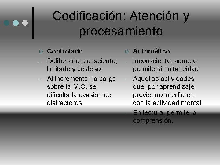 Codificación: Atención y procesamiento ¢ - - Controlado Deliberado, consciente, limitado y costoso. Al