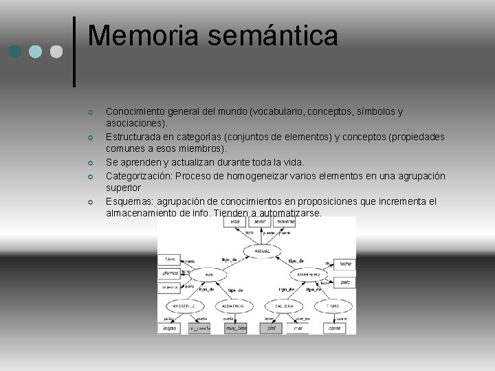 Memoria semántica ¢ ¢ ¢ Conocimiento general del mundo (vocabulario, conceptos, símbolos y asociaciones).