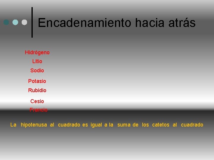 Encadenamiento hacia atrás Hidrógeno Litio Sodio Potasio Rubidio Cesio Francio La hipotenusa al cuadrado