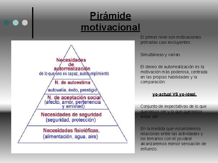 Pirámide motivacional El primer nivel son motivaciones primarias casi excluyentes. Simultáneas y varían. El