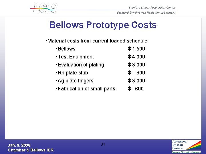Bellows Prototype Costs • Material costs from current loaded schedule Jan. 6, 2006 Chamber