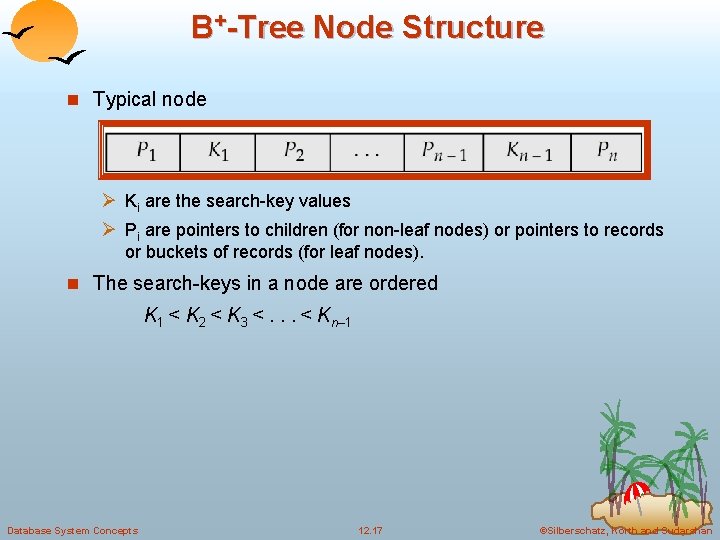 B+-Tree Node Structure n Typical node Ø Ki are the search-key values Ø Pi