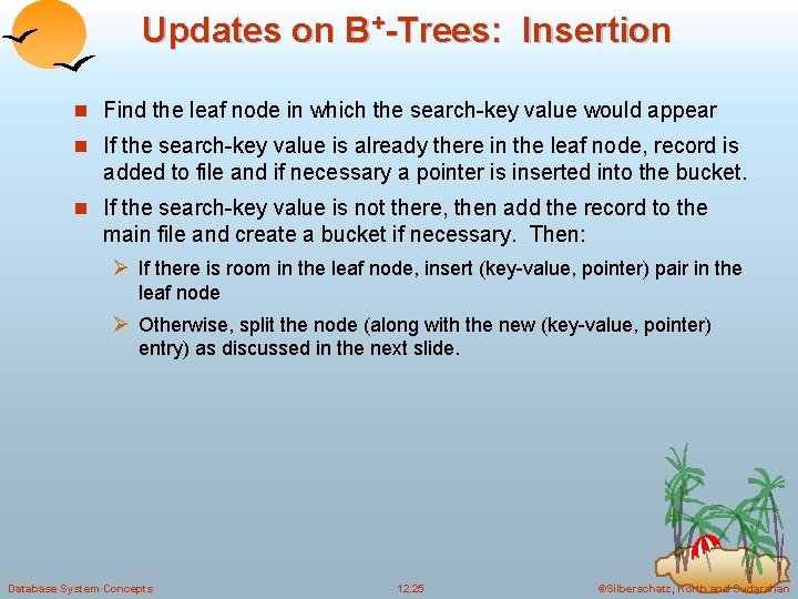 Updates on B+-Trees: Insertion n Find the leaf node in which the search-key value