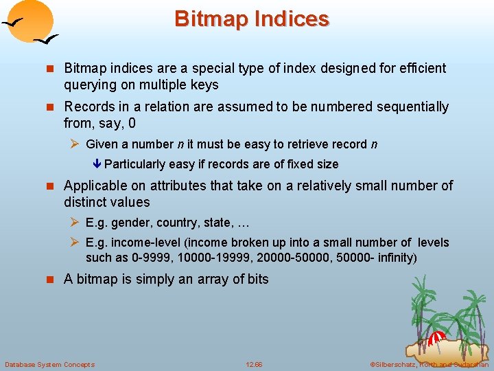 Bitmap Indices n Bitmap indices are a special type of index designed for efficient