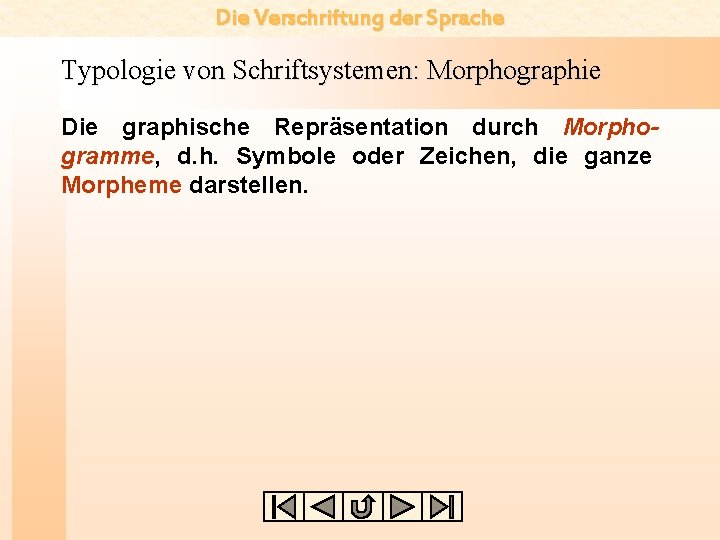 Die Verschriftung der Sprache Typologie von Schriftsystemen: Morphographie Die graphische Repräsentation durch Morphogramme, d.