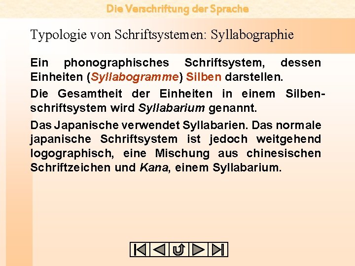 Die Verschriftung der Sprache Typologie von Schriftsystemen: Syllabographie Ein phonographisches Schriftsystem, dessen Einheiten (Syllabogramme)